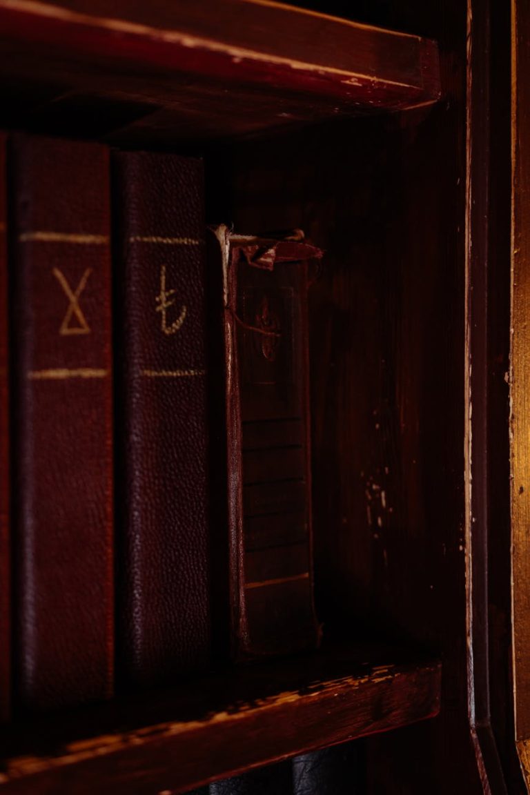 Dark vintage shelf with leather-bound books creates a mysterious atmosphere.