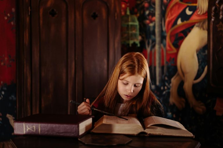 A young girl with red hair explores spellbooks in a magic-themed library, surrounded by fantasy decor.