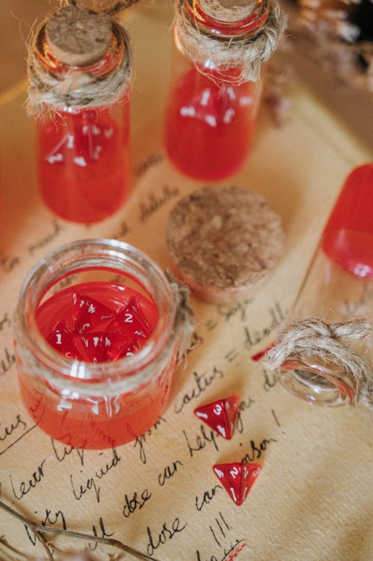 An artistic arrangement of corked glass bottles with red potion and dice on parchment.