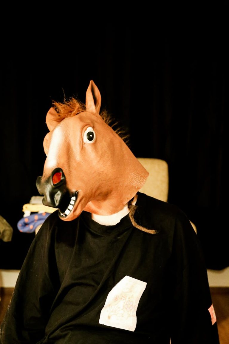 Playful image of a person wearing a horse mask indoors, creating a humorous and surreal effect.